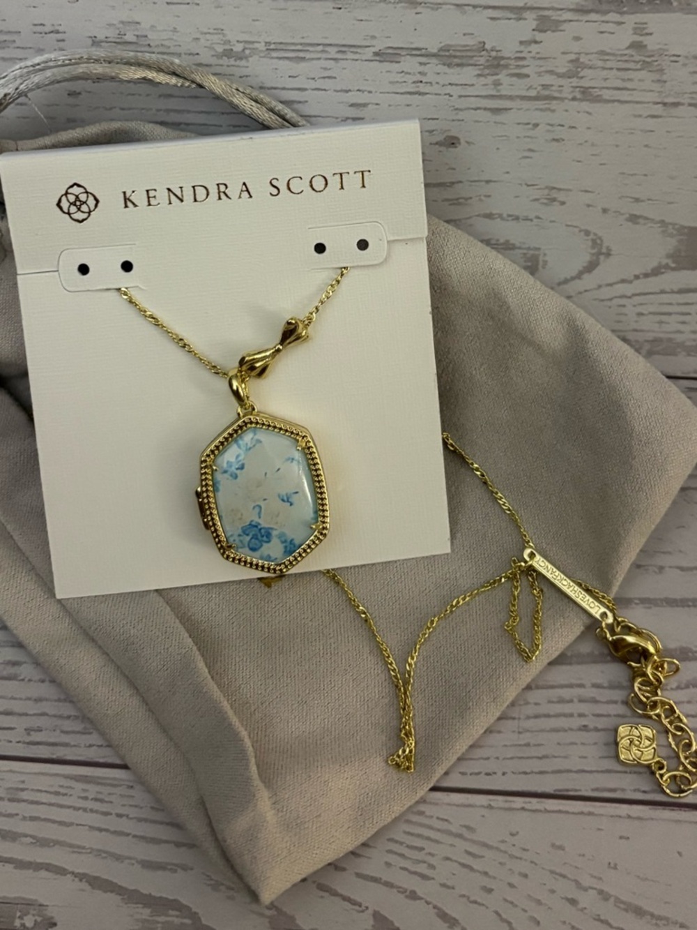 NEW Kendra Scott Gold Tone Necklace with White and Blue Floral Pendant Locket